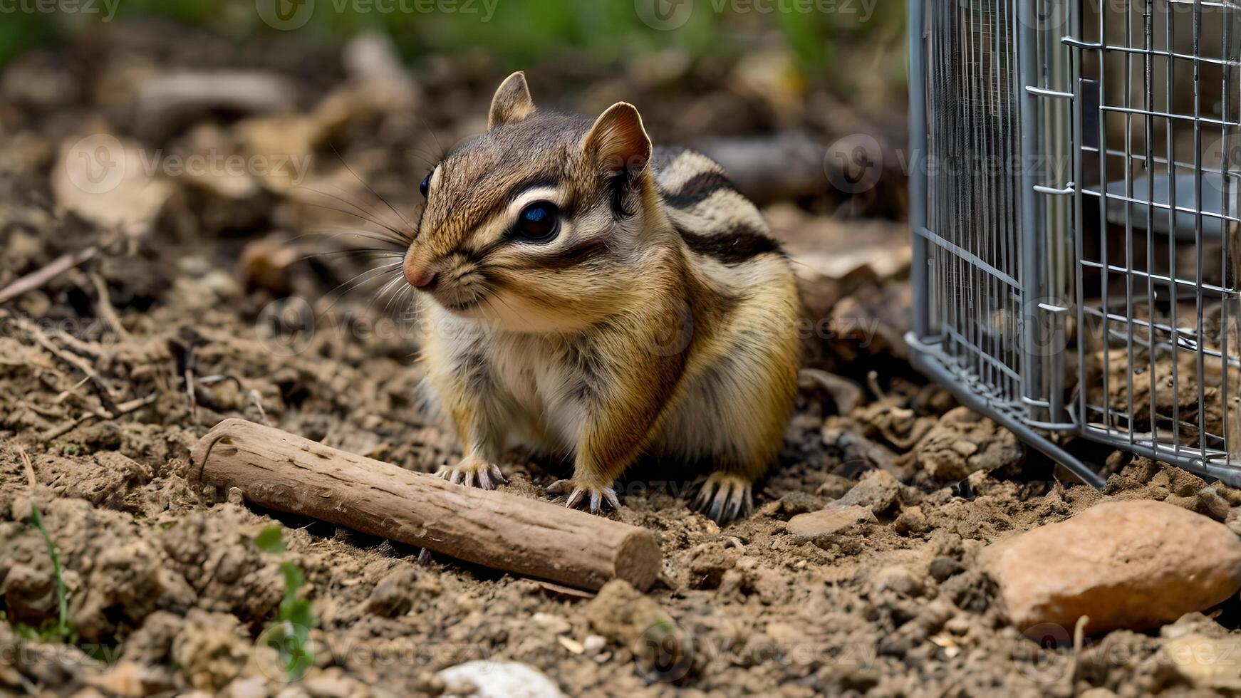 Alert Chipmunk Near Humane Trap in Natural Setting photo