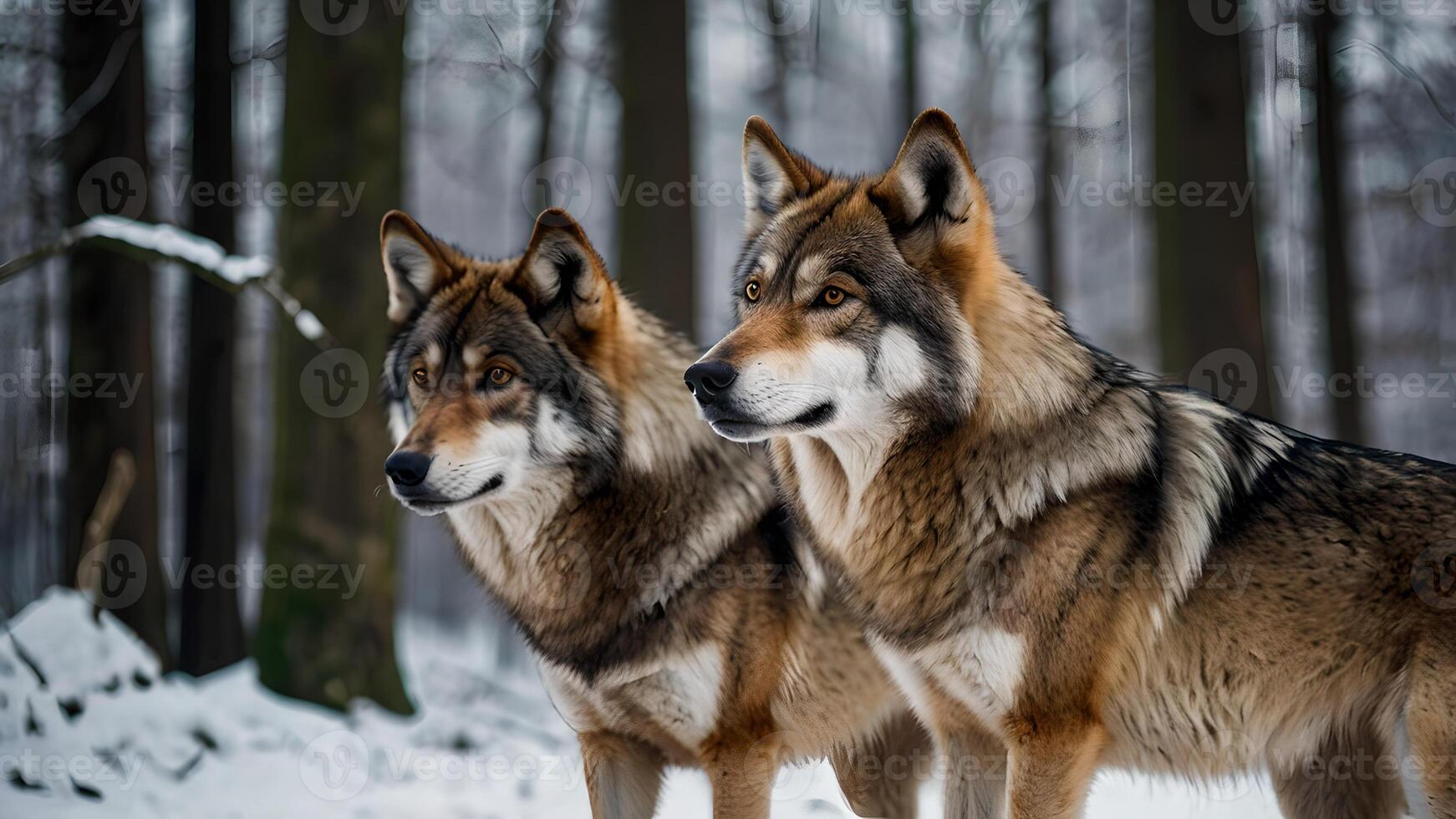 Majestic Wolves Hunting in Winter Forest photo