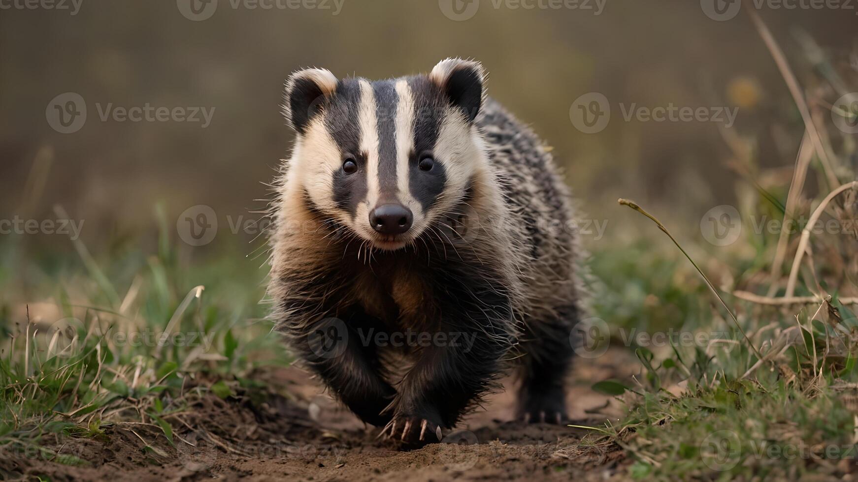 Young European Badger Walking in Grassland photo