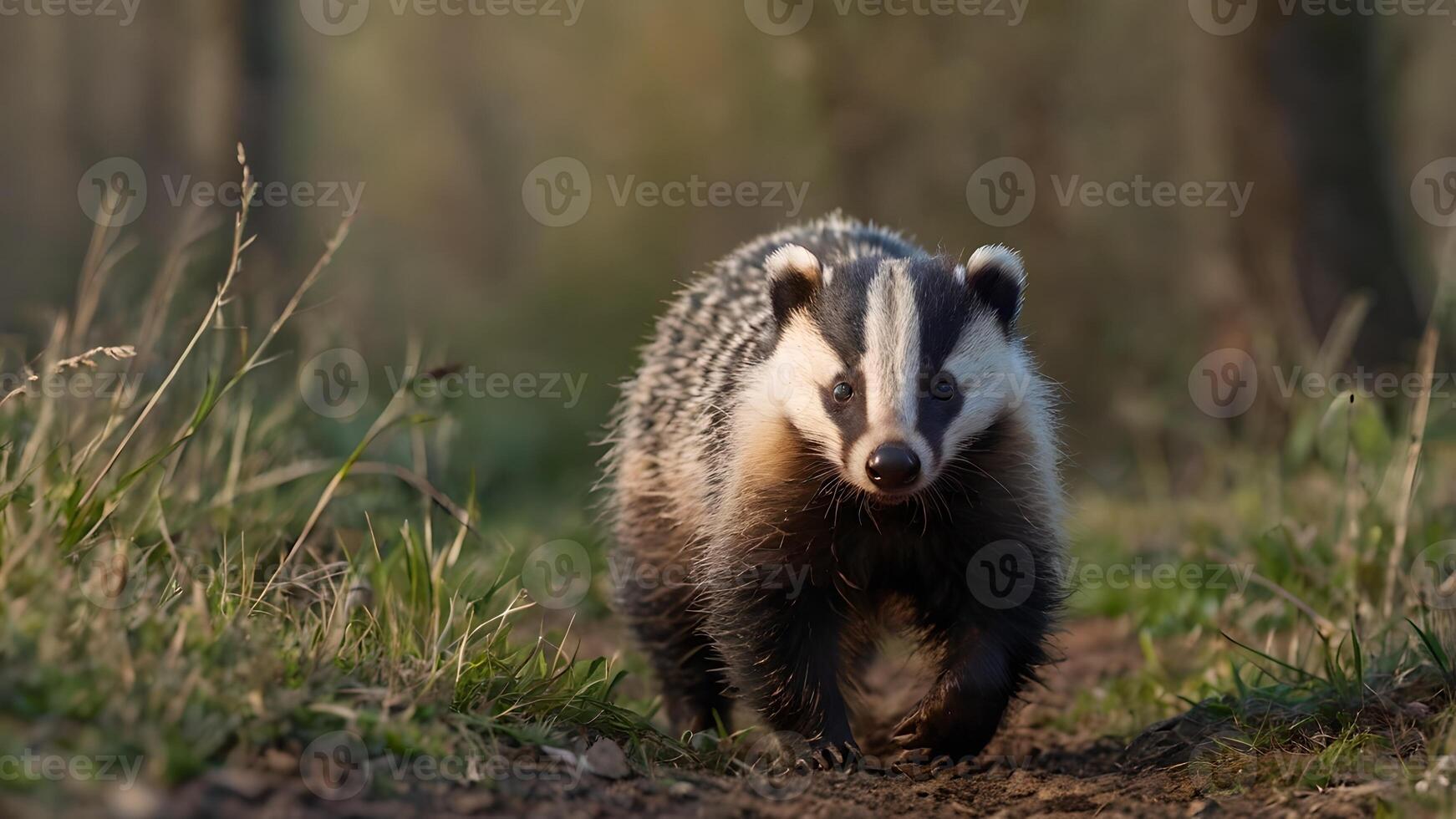 Young European Badger Walking in Forest Path at Sunset photo