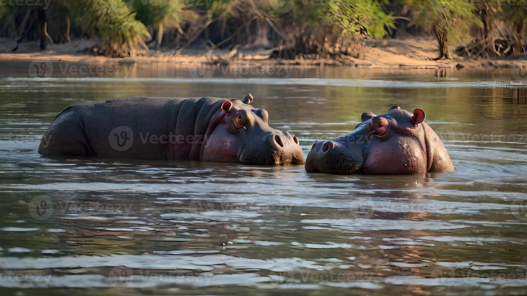 Two Hippos Relaxing in Calm Gambia River Waters photo