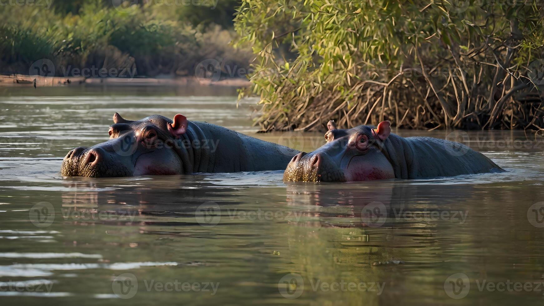 Two Hippos Relaxing in Gambia River at Sunset photo