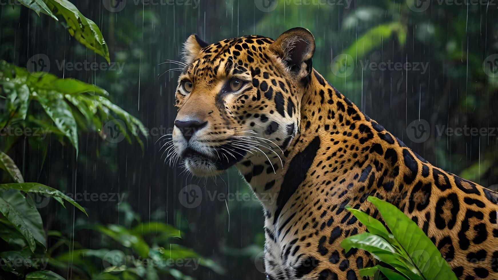 Close Up Of A Majestic Jaguar in Amazon Rainforest Downpour photo