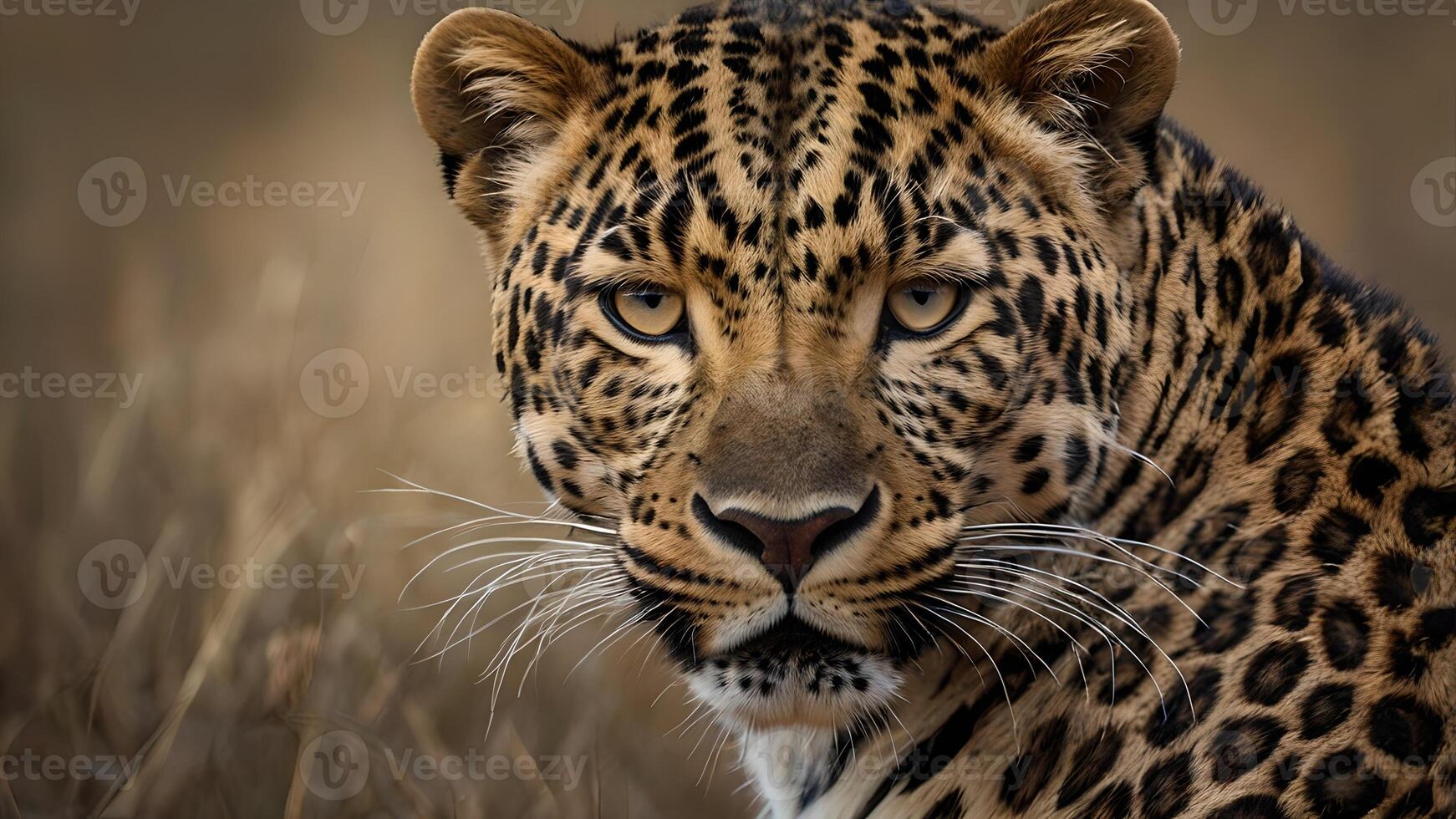 Majestic Leopard Close Up Portrait in Serengeti Grassland photo