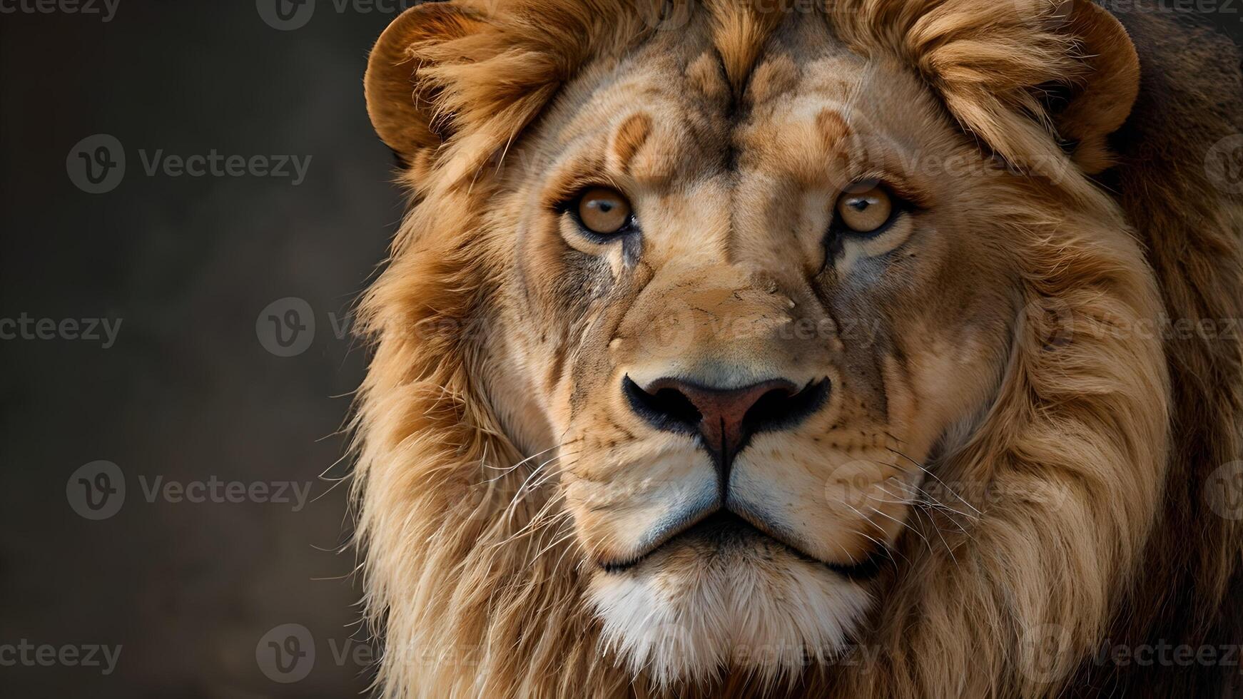 Majestic Lion Portrait Intense Gaze Brown Mane Dark Background photo