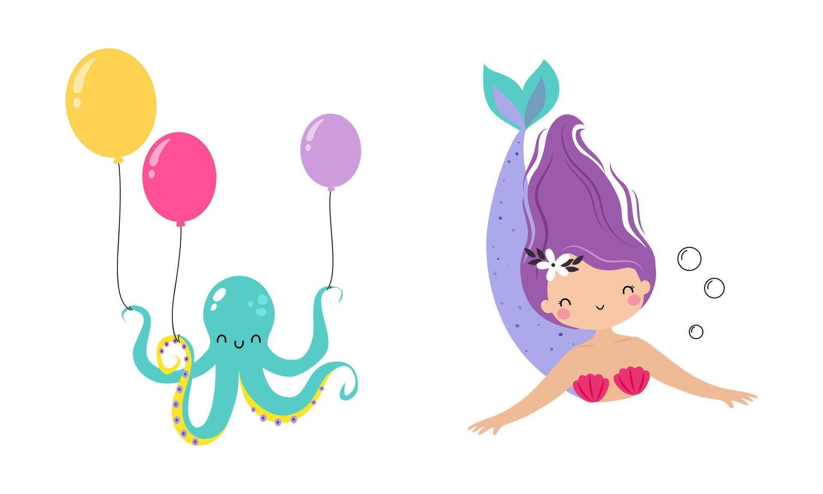 Cute Mermaid with Fish Tail and Octopus with Balloon Floating Underwater Illustration Set vector