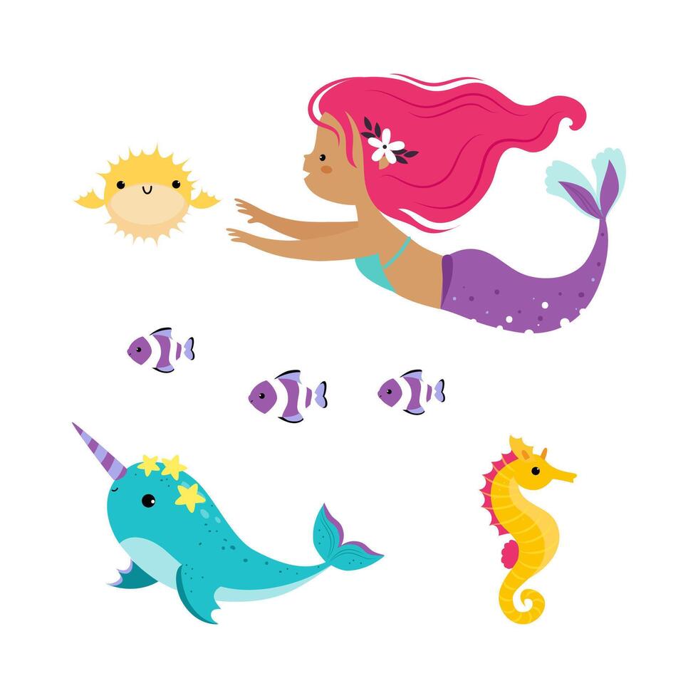 Cute Mermaid with Fish Tail and Wavy Hair Floating Underwater with Seahorse and Narwhale Illustration Set vector