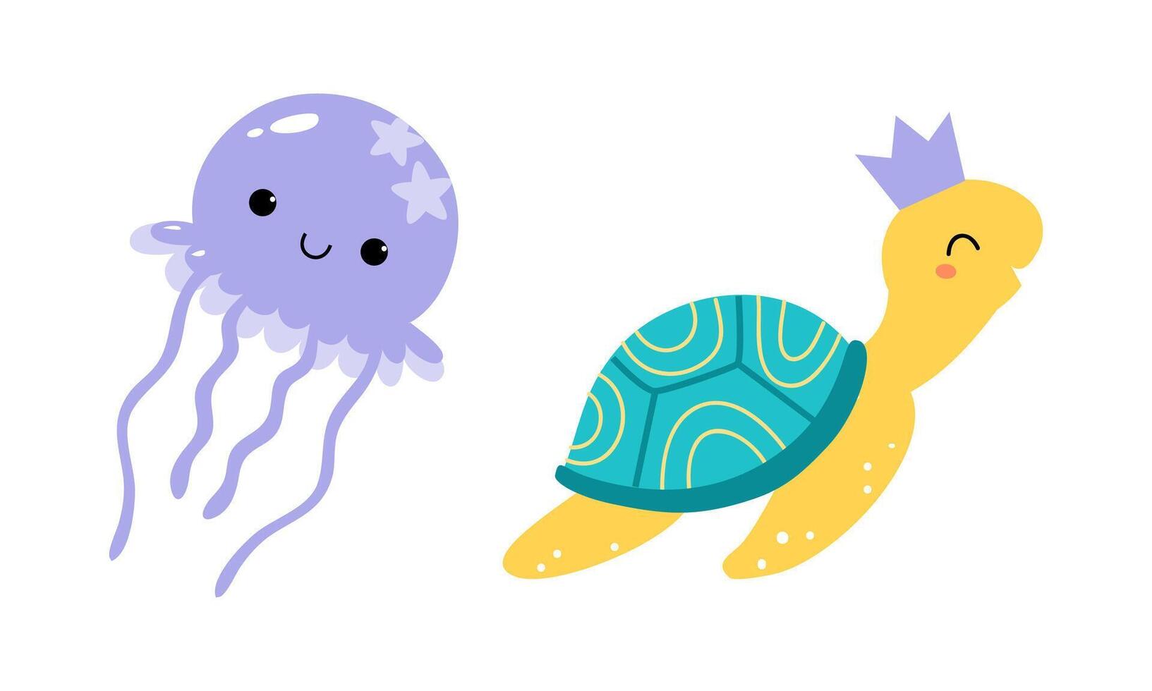 Turtle with Crown and Jellyfish as Sea Animal Floating Underwater Illustration Set vector