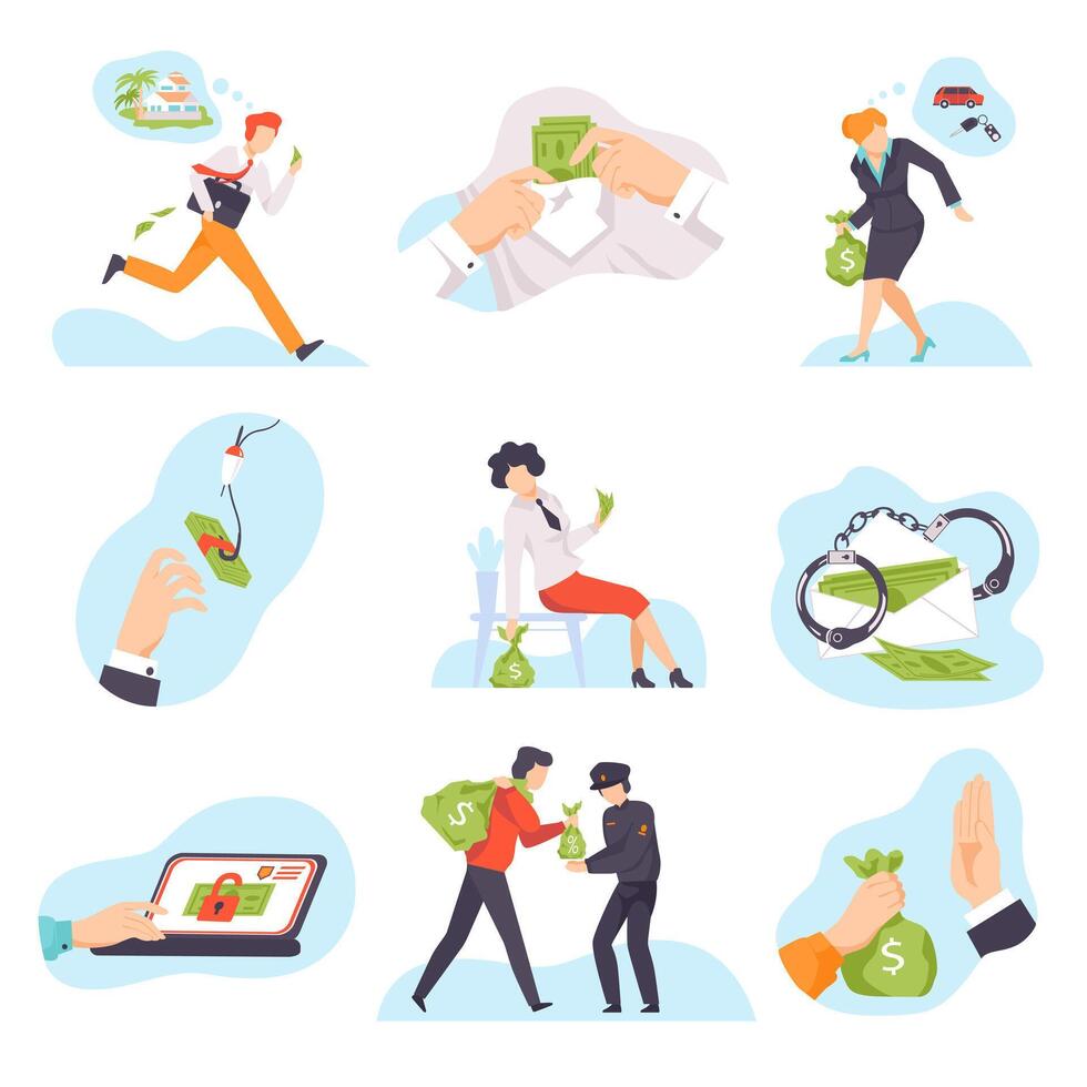 Characters breaking the law and stealing money illustration isolated on white background. vector
