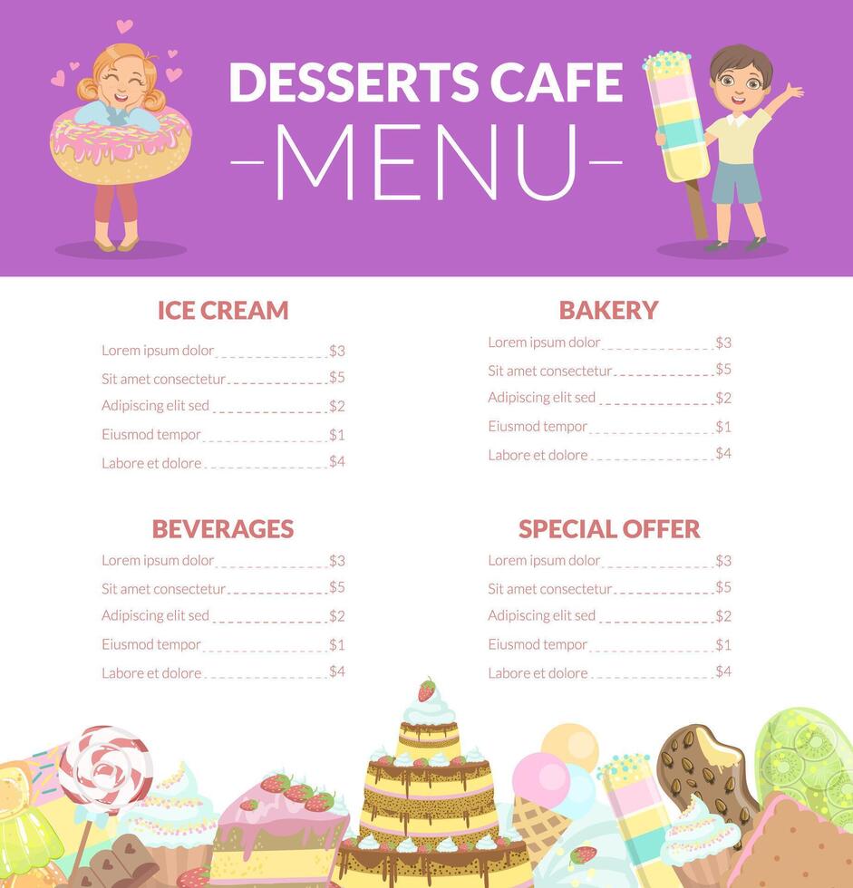 Desserts Cafe Menu, Kids Food Menu, Ice Cream, Beverages, Bakery, Special Offer Illustration vector