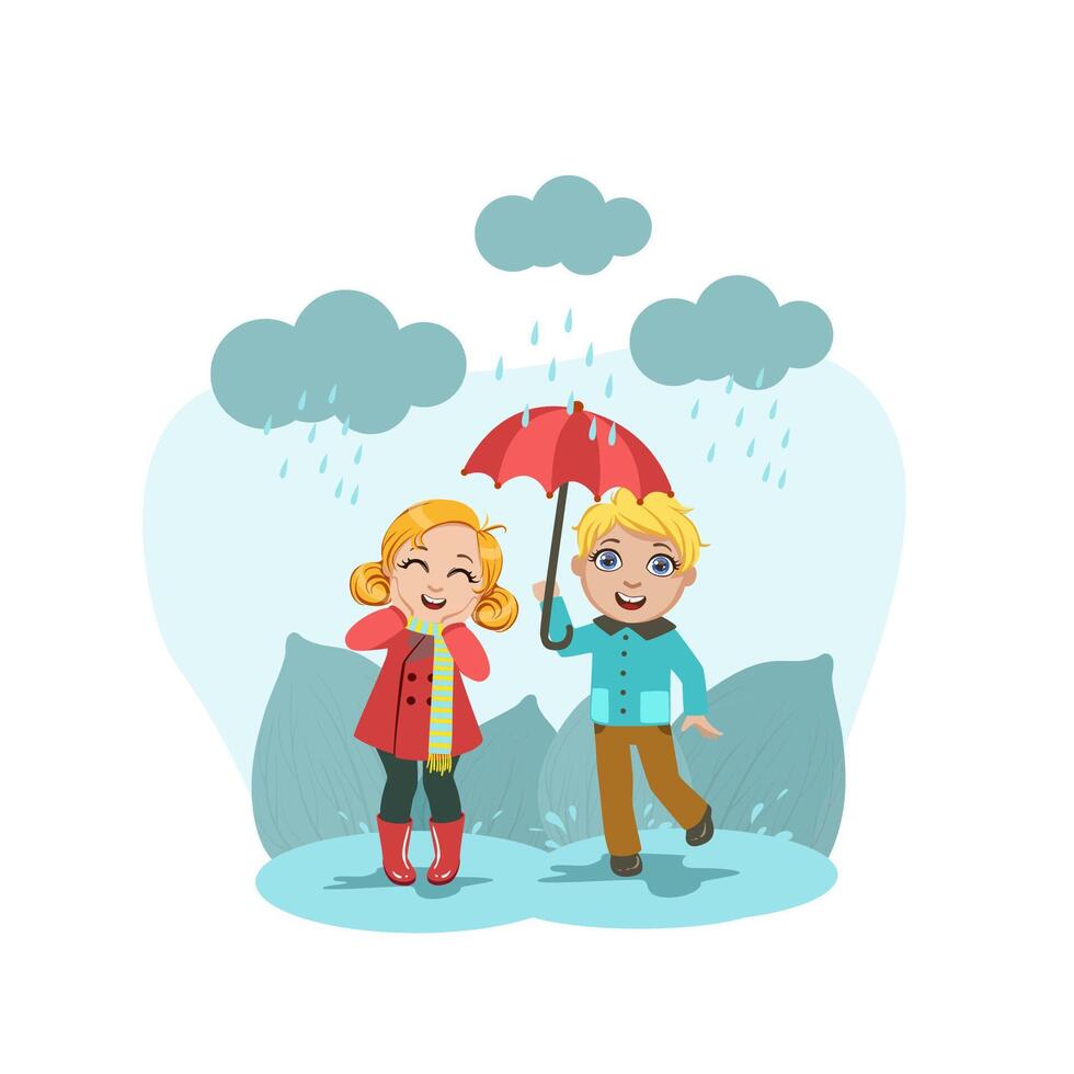 Cute Boy and Girl Standing with Umbrella, Happy Boy and Girl Walking and Enjoying the Weather Illustration vector