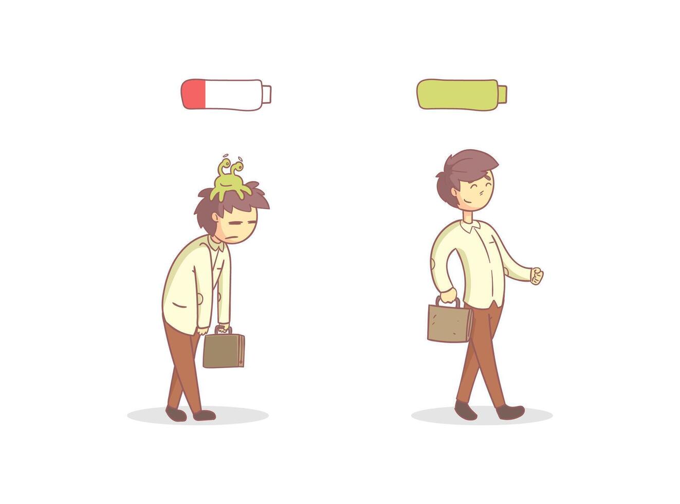 Life Energy, Full of Energy and Tired Man, Businessman with Low and High Full Level Energy Battery Illustration vector