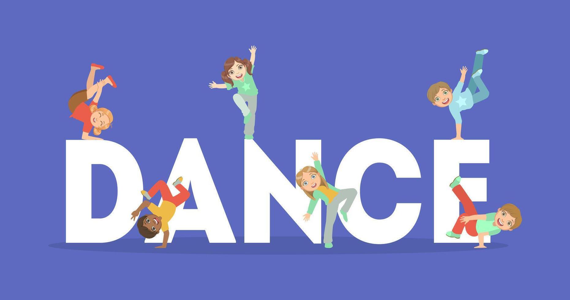 Dance Word Banner, Cute Kids Dancing on Giant Letters vector