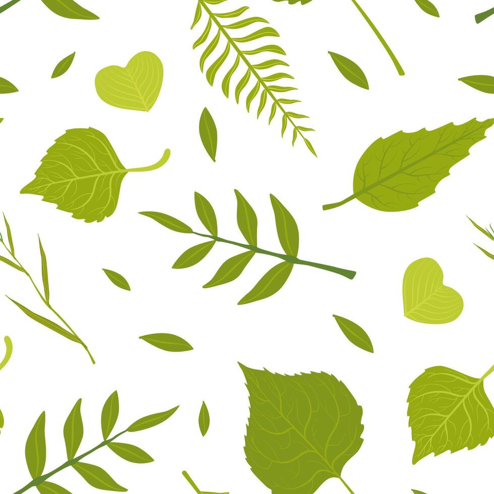 Green Spring Leaves of Various Forest Trees Natural Seamless Pattern, Element Can Be Used for Fabric Print, Wallpaper, Packaging, Illustration vector