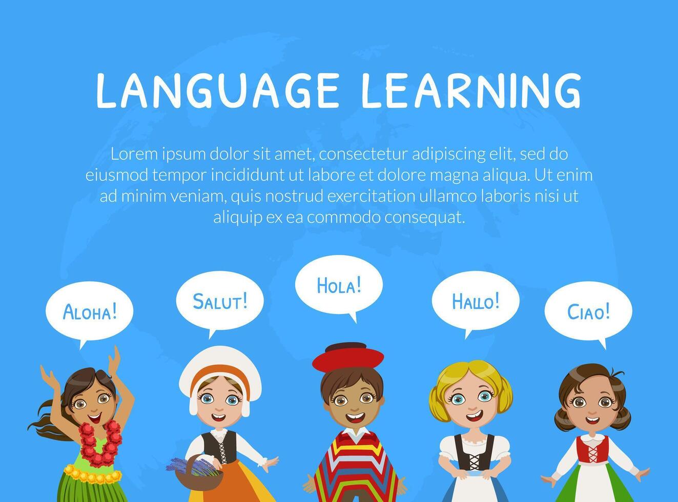 Language Learning Landing Page Template with Cute Boys and Girls in Traditional Costumes, Educational Courses for Kids Illustration vector