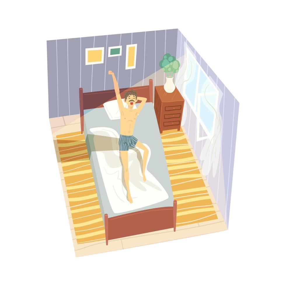 Stretching Man Sitting on His Bed After Getting Up, View from Above, Man in Everyday Life, Daily Routine Illustration vector