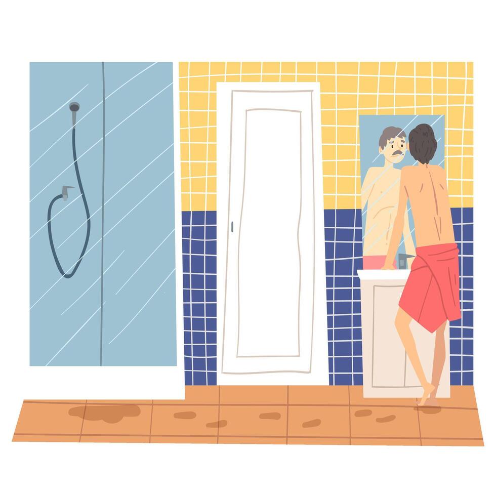 Man Standing in Front of Mirror in Bathroom, Man in Everyday Life, Morning Routine Illustration vector