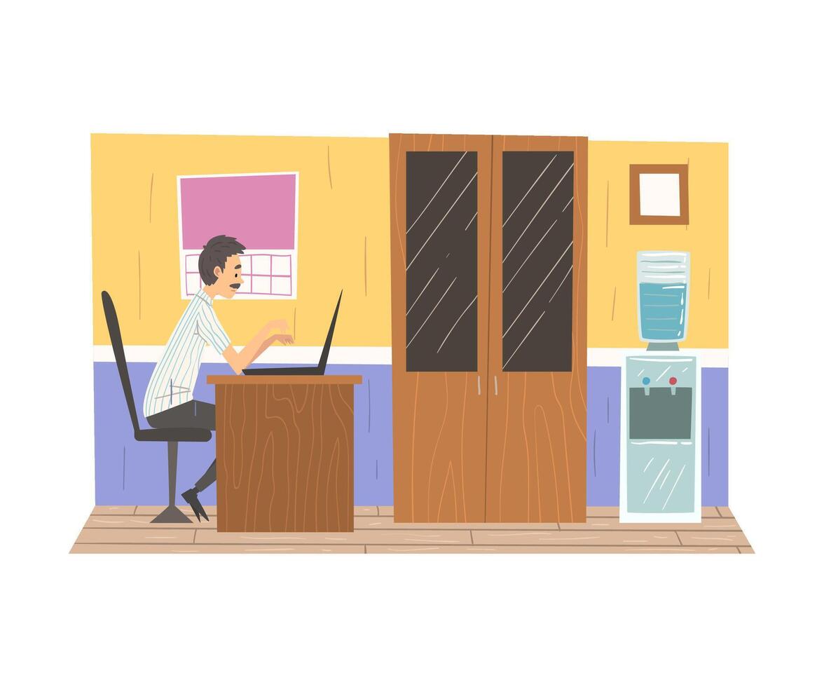 Businessman Working with Laptop Computer at His Office, Man in Everyday Life, Daily Routine Illustration vector