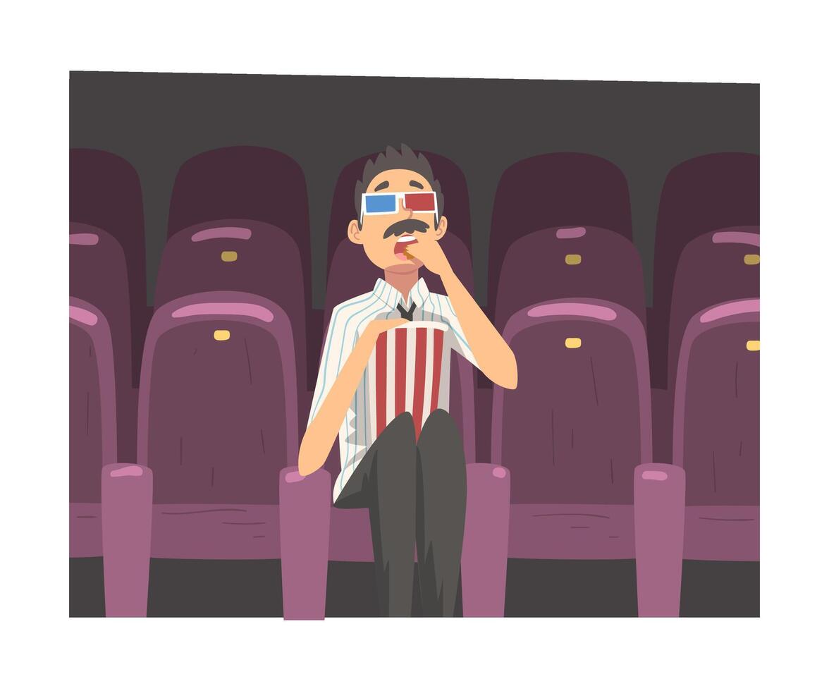 Young Man in 3d Glasses Sitting in Cinema Theatre with Popcorn and Watching Movie, Man in Everyday Life, Daily Routine Illustration vector