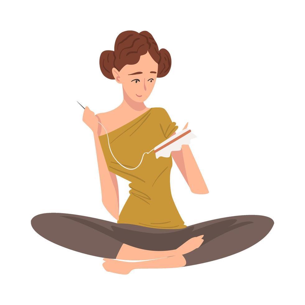 Girl Sitting on the Floor and Embroidering on the Canvas, Craft Hobby or Profession Illustration vector