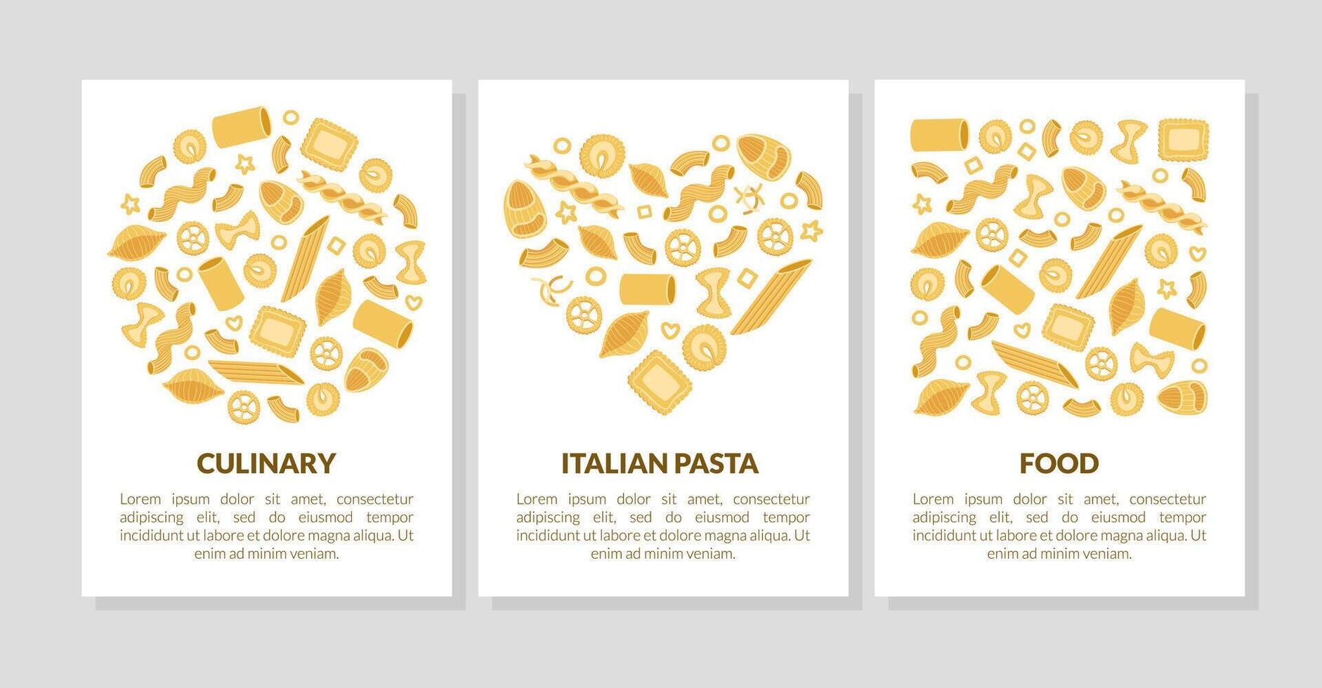 Italian Pasta, Culinary, Food Card Templates Set with Different Types of Traditional Pasta, Can Be Used for Menu, Packaging, Flyer, Certificate Illustration vector