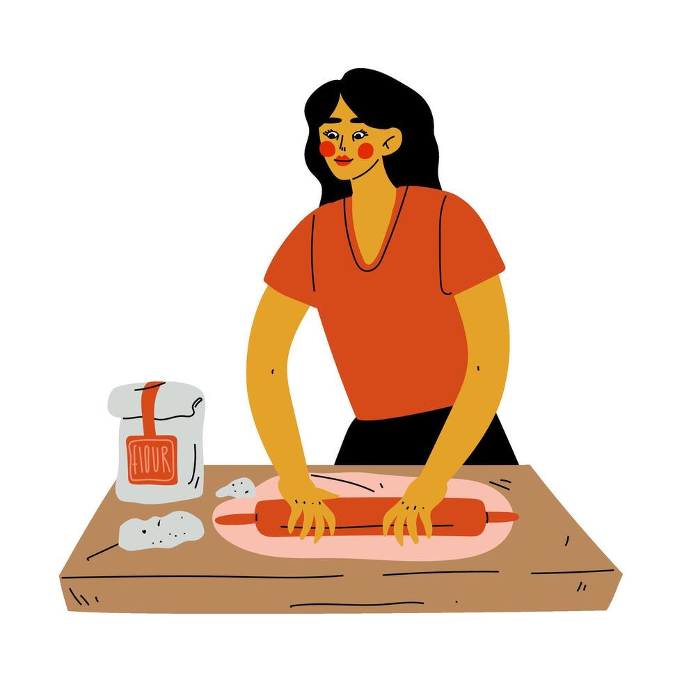 Girl Rolling Dough on Table with Rolling Pin, Young Woman Cooking Food in the Kitchen Illustration vector