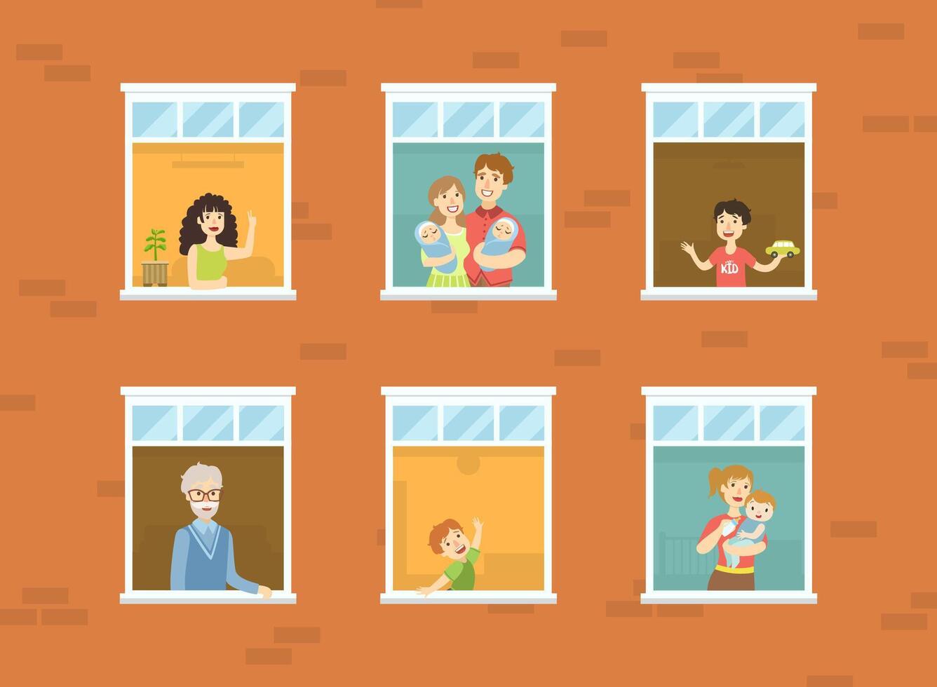 People Looking Out of Windows Set, Neighbors in Their Apartments Greeting Through the Windows Illustration vector