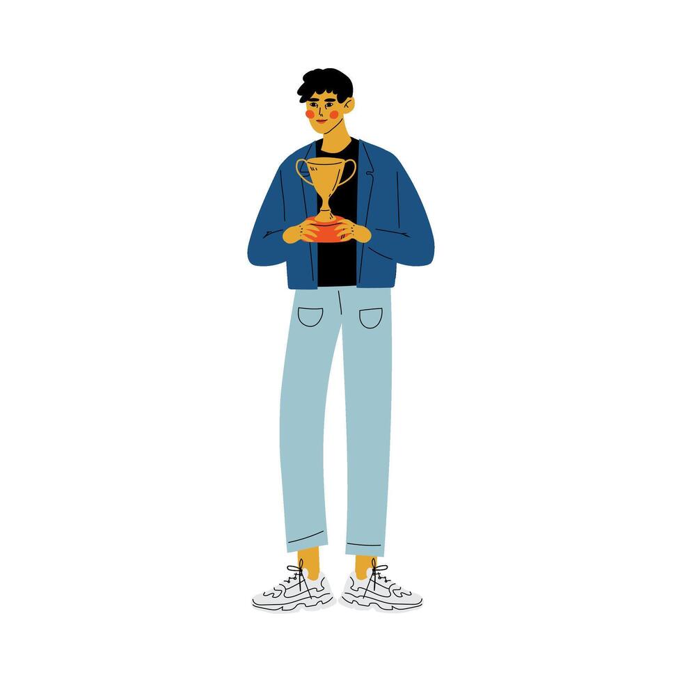 Young Man with Winner Cup, Happy Positive Guy Celebrating and Rejoicing Victory, Successful People Concept Illustration vector