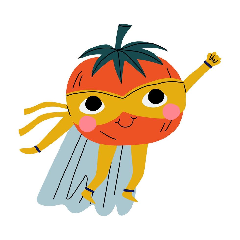 Cute Superhero Tomato in Mask and Cape, Funny Vegetable Cartoon Character in Costume Illustration vector