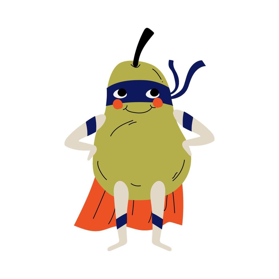 Cute Superhero Pear in Mask and Cape, Funny Fruit Cartoon Character in Costume Illustration vector