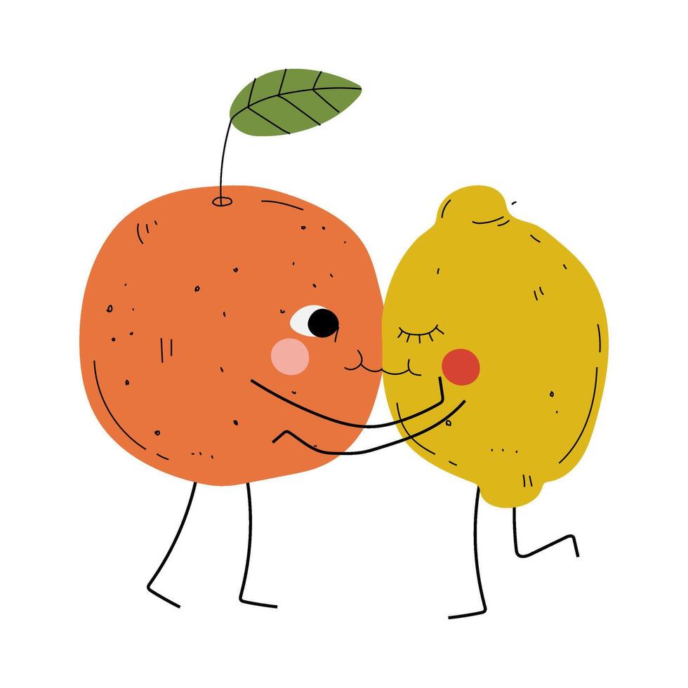 Cute Orange and Lemon Hugging and Kissing, Cheerful Citrus Fruits Characters with Funny Faces, Happy Couple in Love Illustration vector