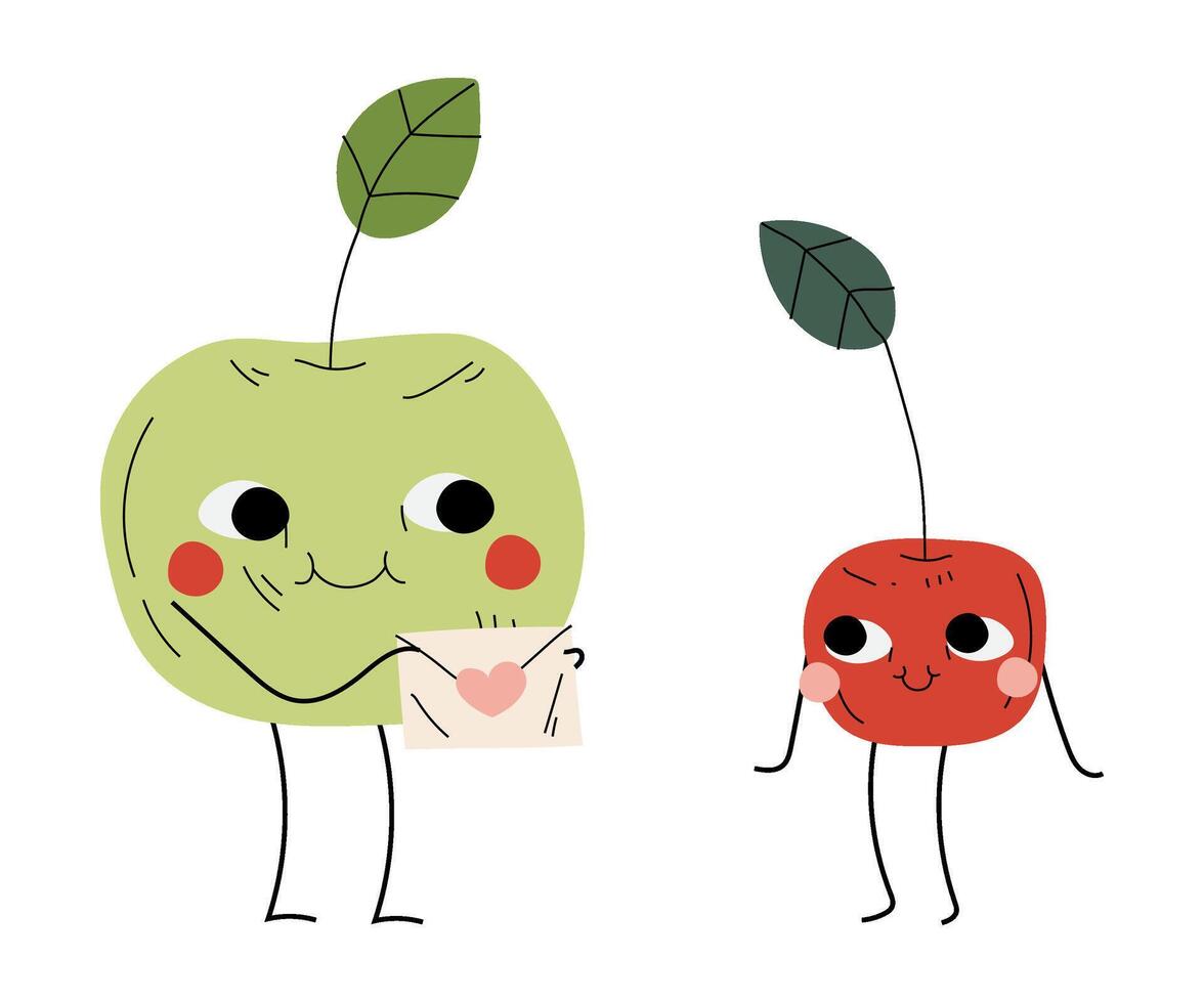 Cute Green Apple and Cherry, Cheerful Berry and Fruit Characters with Funny Faces, Best Friends, Happy Couple in Love Illustration vector