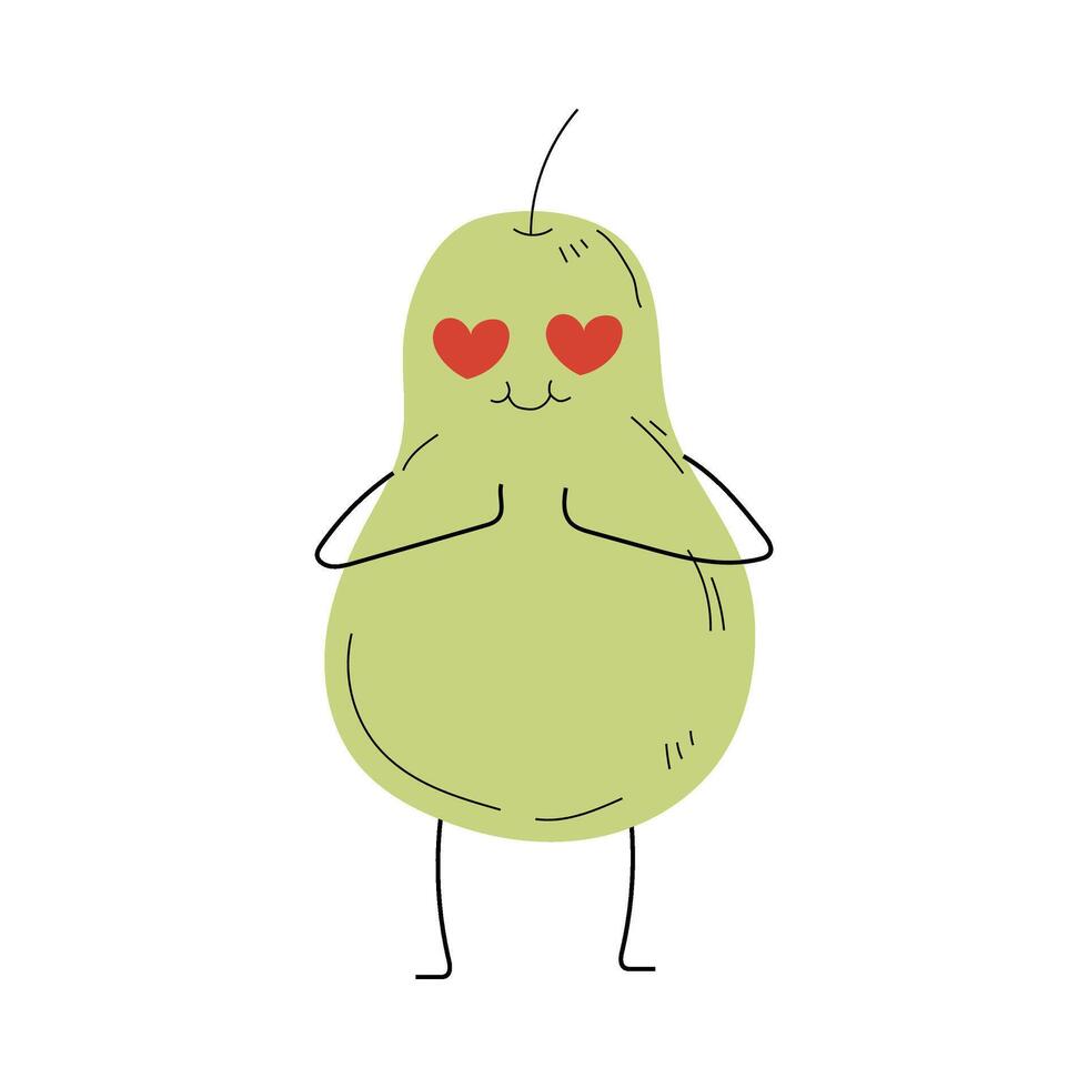 Cute Green Pear with Red Heart Eyes, Cheerful Vegetable Character with Funny Face Illustration vector