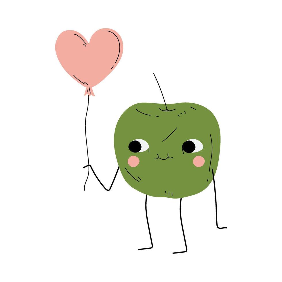 Cute Green Apple Standing with Pink Balloon, Cheerful Fruit Character with Funny Face Illustration vector