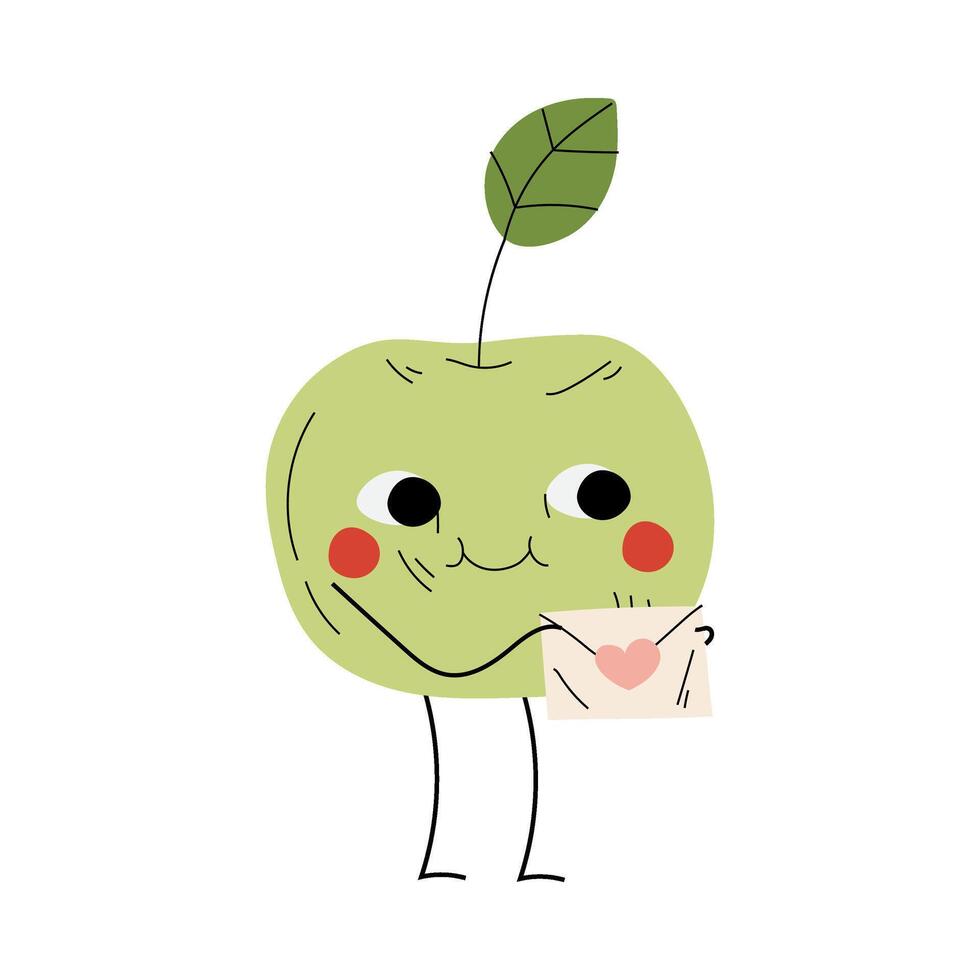 Cute Smiling Apple Holding Envelope, Cheerful Fruit Character with Funny Face Illustration vector
