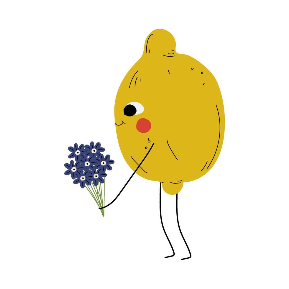 Cute Lemon Standing with Bouquet of Flowers, Cheerful Citrus Fruit Character with Funny Face Illustration vector