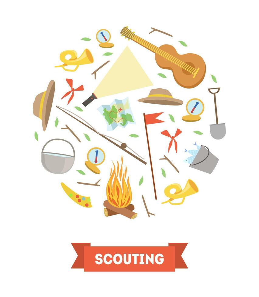 Scouting Banner Template with Camping and Hiking Equipment of Round Shape Illustration vector