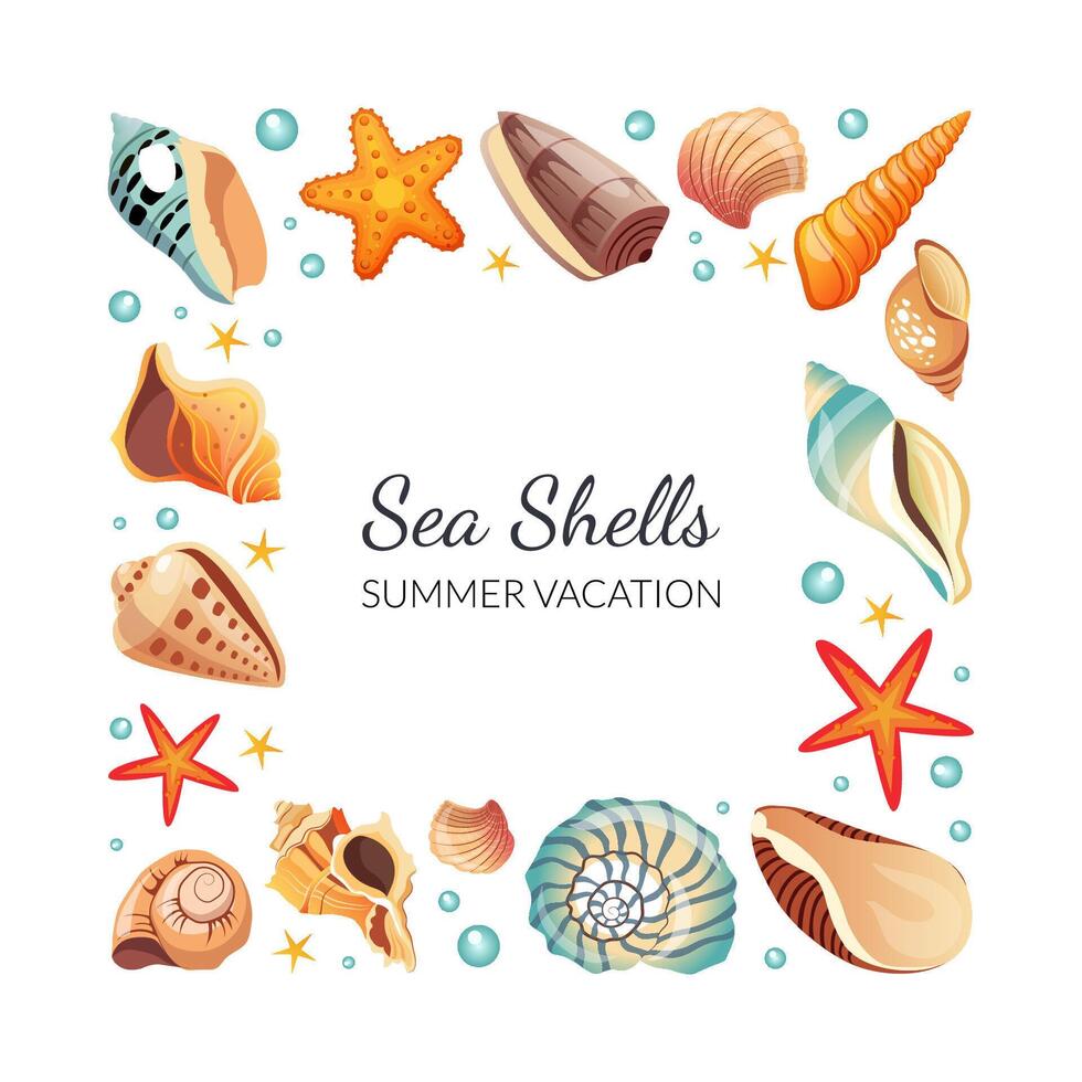 Sea Shells Square Frame, Seashells Border Template with Space for Text, Summertime Banner Illustration vector