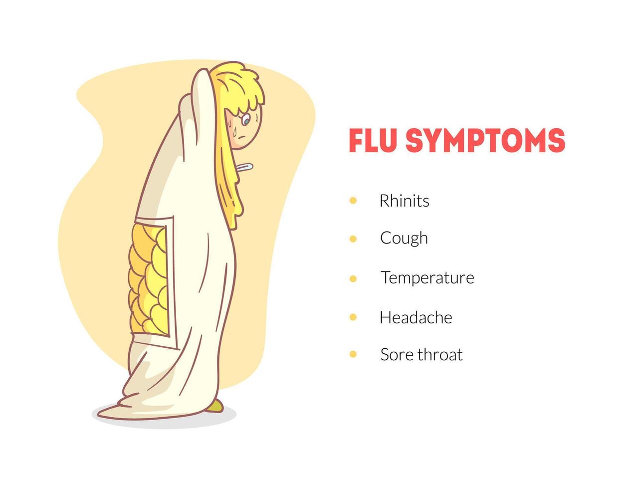 Flu Symptoms Banner Template, Unhealthy Boy Wrapping In a Blanket with Temperature, Headache, Rhinitis Illustration vector