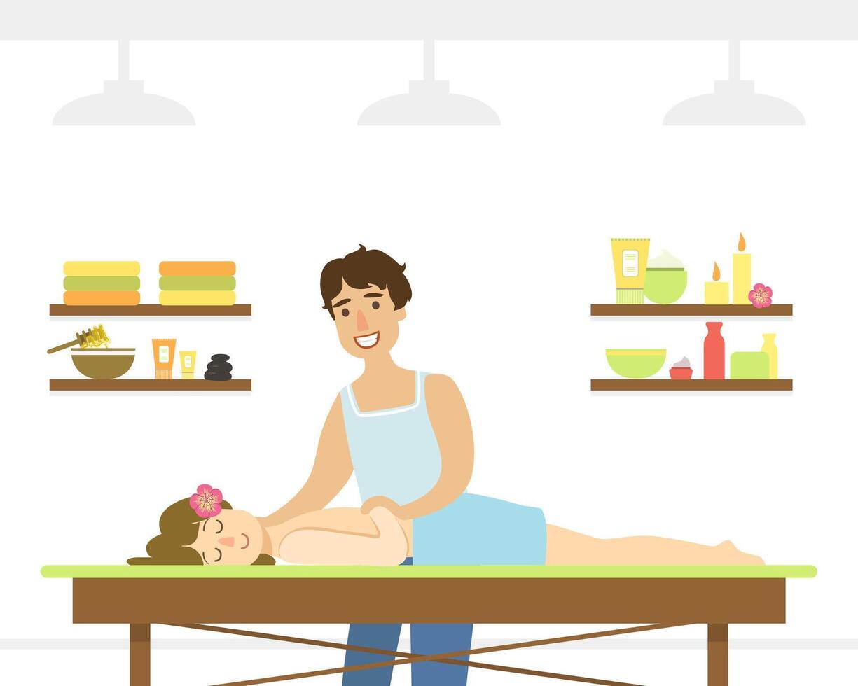 Spa Center, Young Woman Having Rejuvenating Massage in Beauty Salon Illustration vector