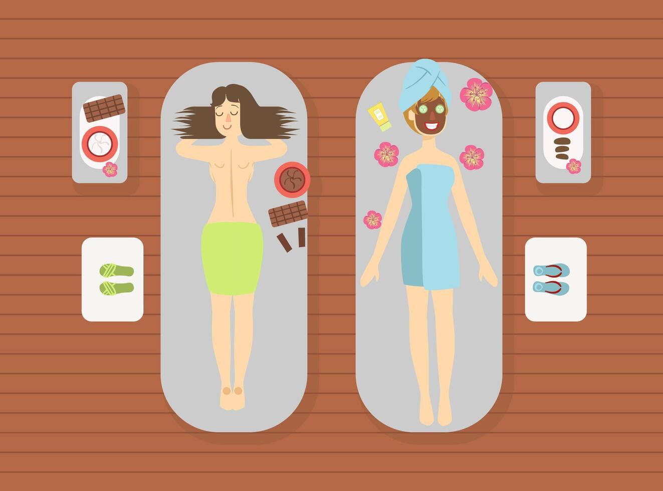 Young Women Enjoying Beauty Treatments at Spa Center, Girls Relaxing with Facial and Skincare Procedures Illustration vector