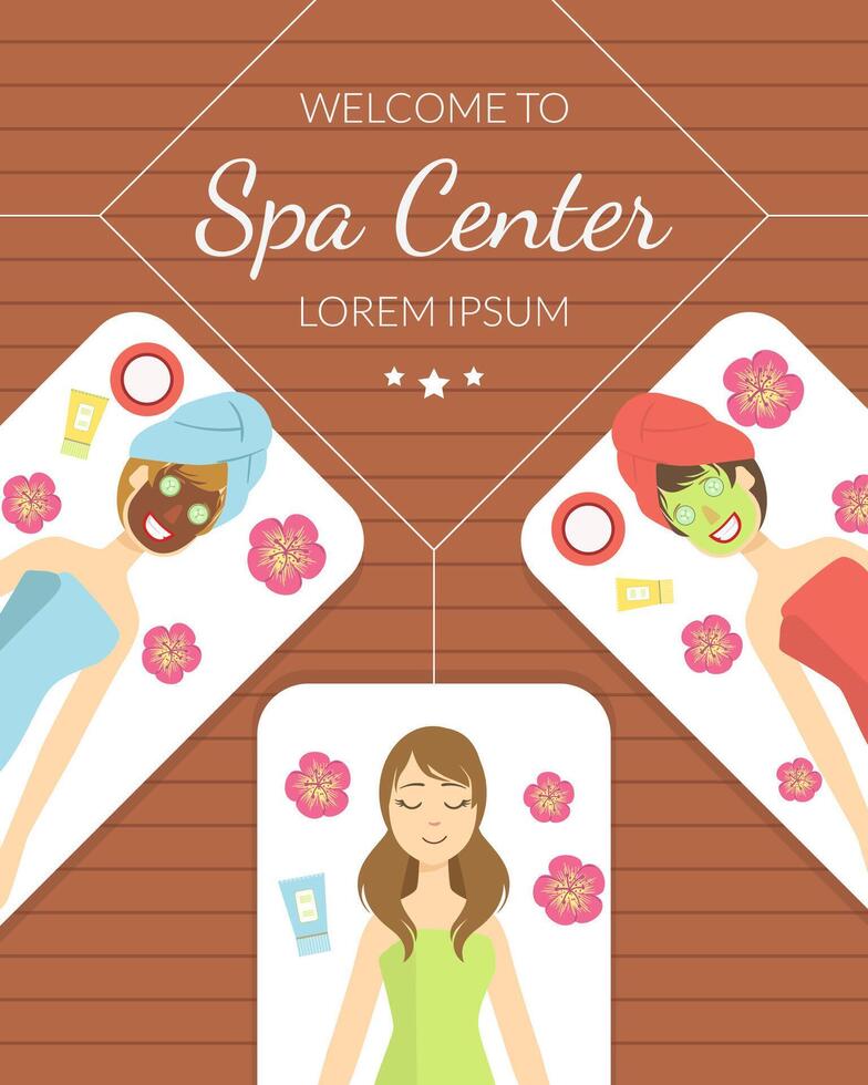 Welcome to Spa Center Banner, Young Women Enjoying Beauty Treatments, Girls Relaxing with Facial and Skincare Procedures Illustration vector