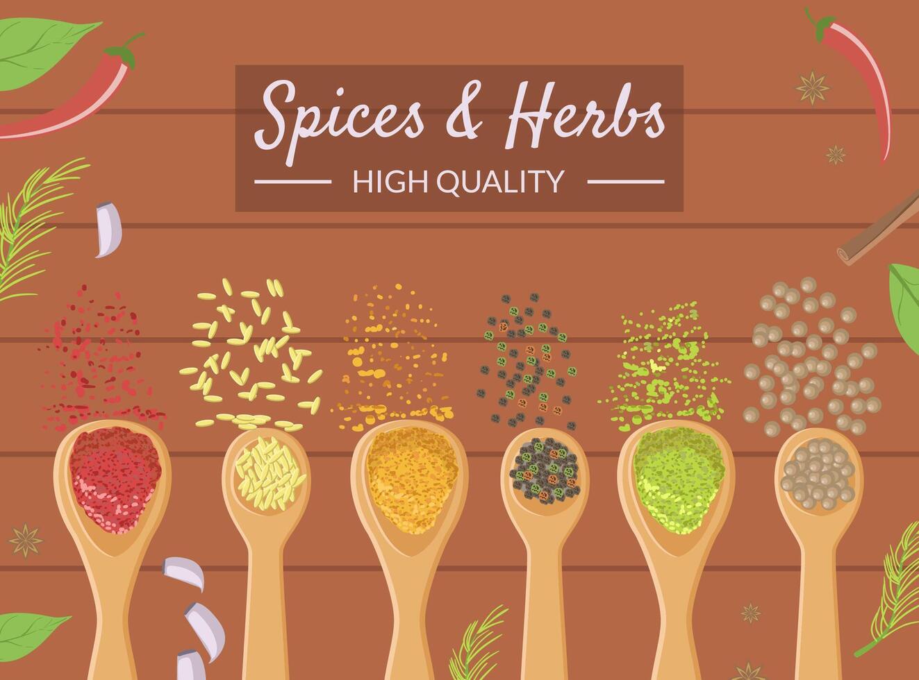 Spices and Herbs Banner Template, Different Cooking Spices in Wooden Spoons, Healthy Cooking High Quality Illustration vector