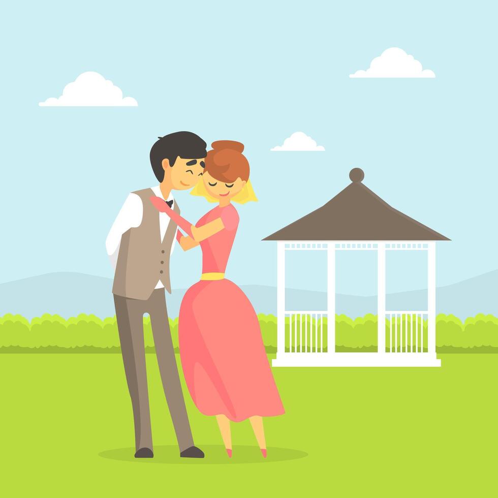Happy Just Married Couple, Romantic Bride and Groom Characters Embracing on Summer Natural Landscape Illustration vector