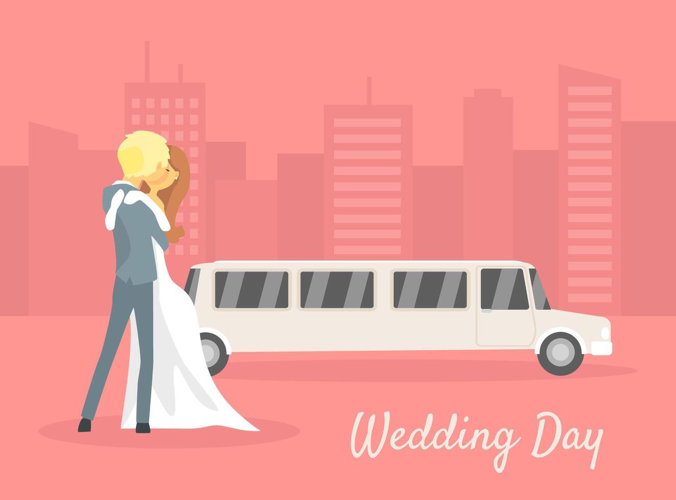 Wedding Day, Happy Just Married Romantic Couple Characters Standing Next to White Limousine Illustration vector