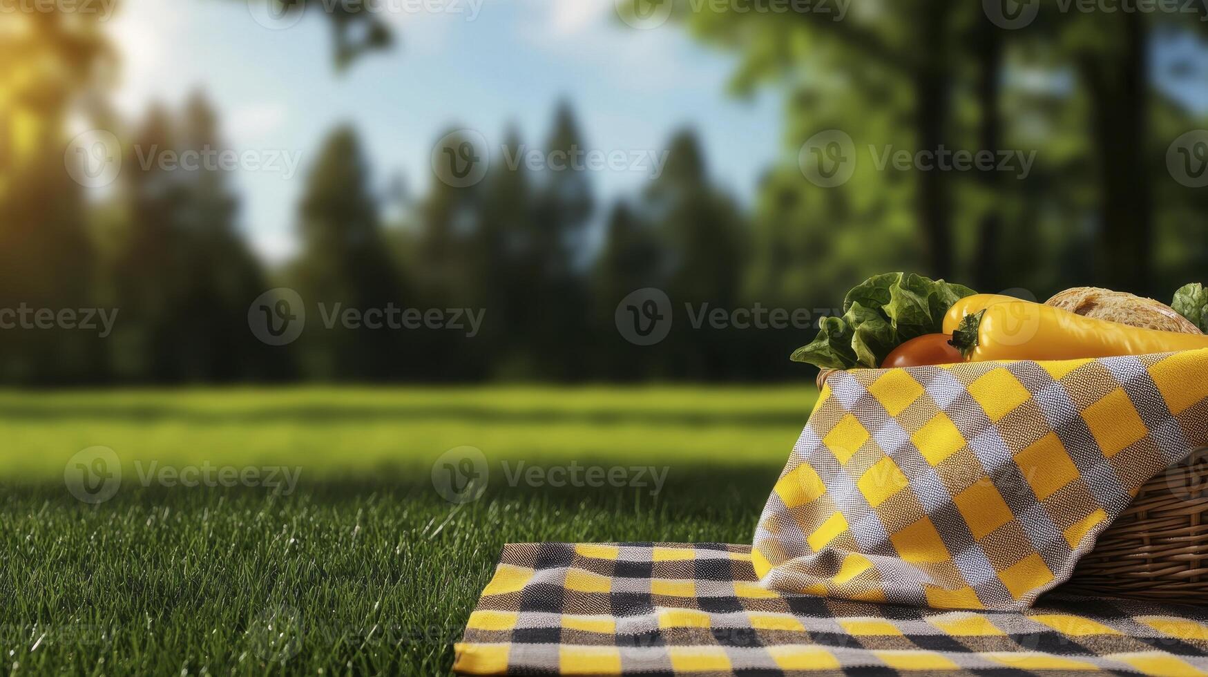 Picnic basket with vegetables and fruit on grass photo