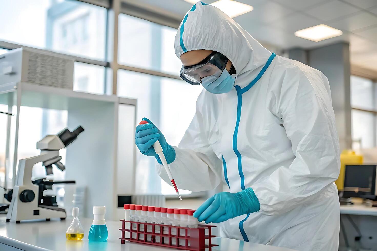 Laboratory technician conducts tests in a research facility during daylight hours. photo