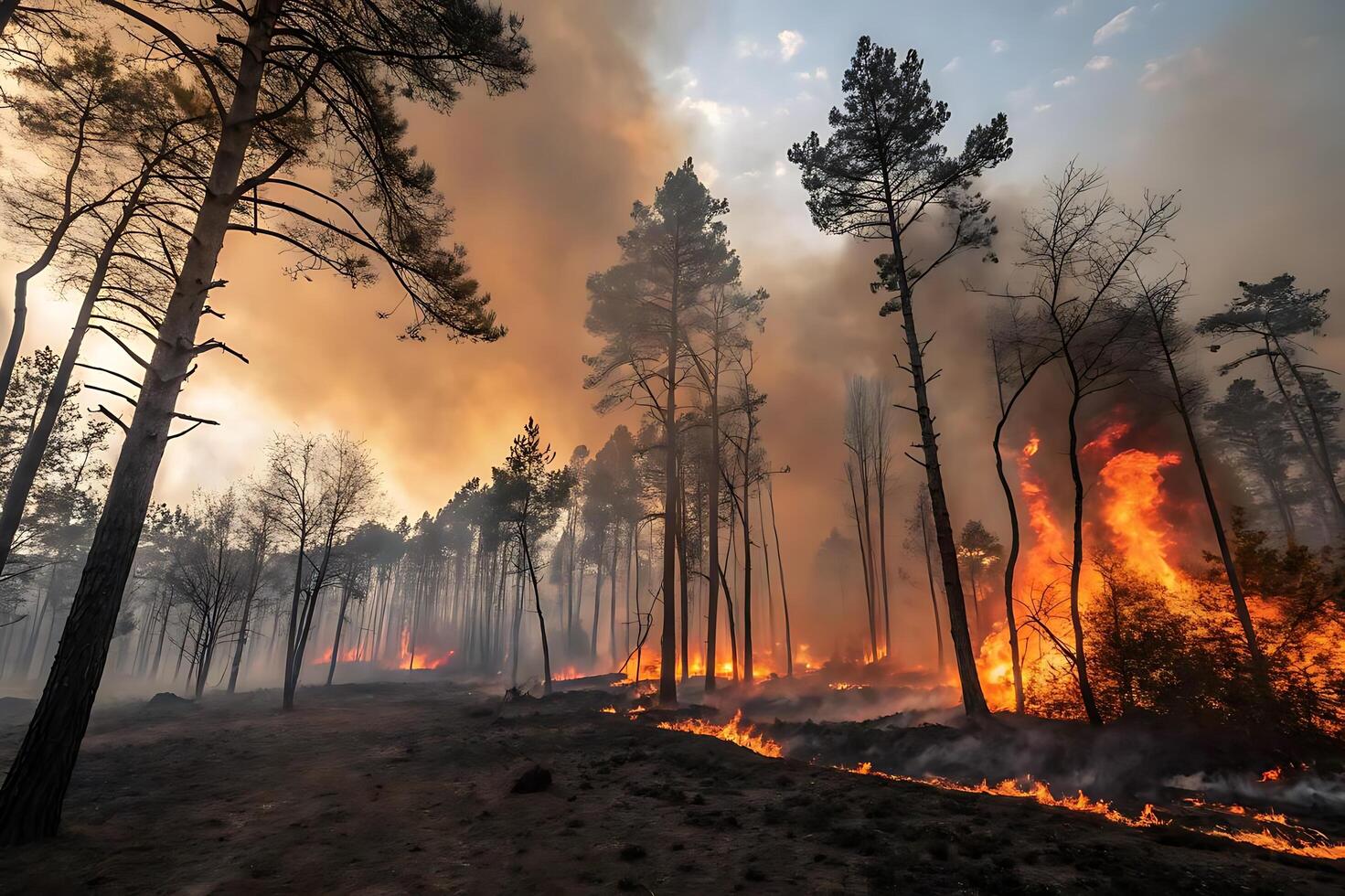 Wildfire consuming forest during sunset with thick smoke and flames. photo