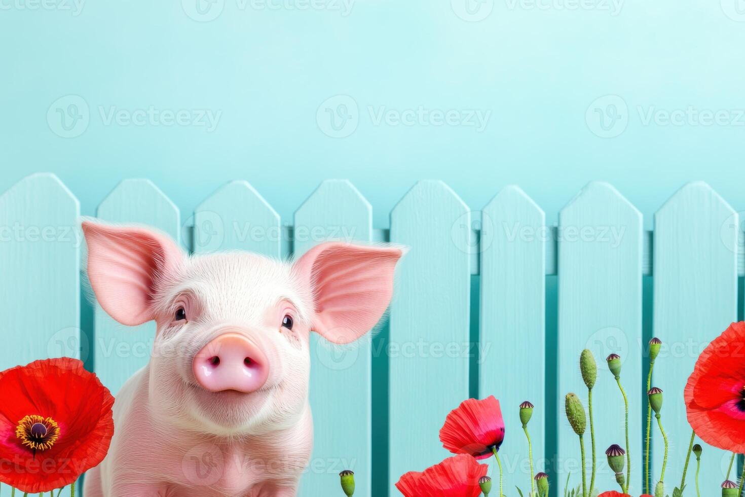 Adorable piglet with pale mint green spots plays joyfully in a lemon yellow meadow surrounded by vibrant red poppies and teal fences under a bright blue sky photo
