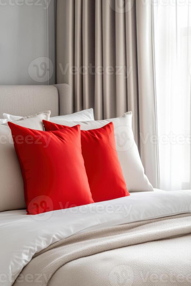 Serene bedroom interior featuring beige bedding, soft gray walls, and a vibrant red accent pillow with natural light creating a calming atmosphere photo